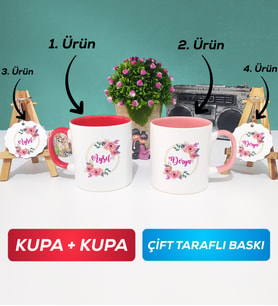 İkili Kırmızı Pembe Kişiye Özel İsim Yazılı Çiçek Tasarımlı Kupa Bardak Anahtarlık Hediye Seti