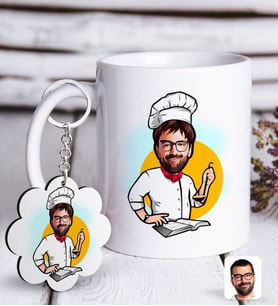 BK Gift Kişiye Özel Erkek Chef Karikatürlü Beyaz Kupa ve Anahtarlık Hediye Seti-12 (Model 1)