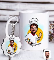 BK Gift Kişiye Özel Erkek Chef Karikatürlü Beyaz Kupa ve Anahtarlık Hediye Seti-12 (Model 1)