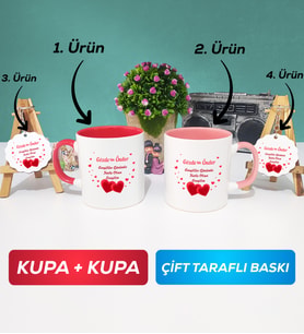 İkili Kırmızı Pembe Sevgiliye Sevgililer Günü Hediyesi 6 Kupa Bardak Anahtarlık