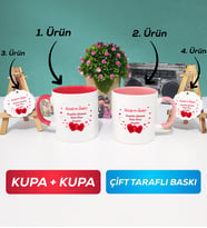 İkili Kırmızı Pembe Sevgiliye Sevgililer Günü Hediyesi 6 Kupa Bardak Anahtarlık