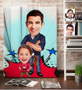 BK Gift Kişiye Özel Baba Kız Karikatür Kanvas Tablo 70x100cm 1