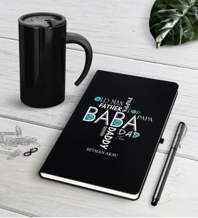 BK Gift Kişiye Özel Baba Siyah Defter Kalem Termos Mug Seti-1 (Model 1)