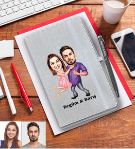 Kişiye Özel Sevgili Karikatürlü Gri Defter Kalem Hediye Seti Model 2