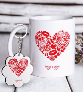 BK Gift Kişiye Özel Sevgililer Günü Beyaz Kupa ve Anahtarlık Hediye Seti-49 (Model 1)