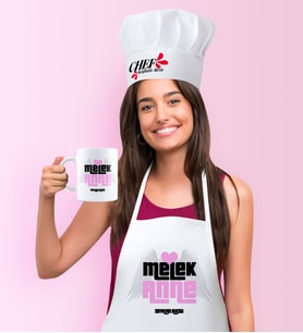 BK Gift Kişiye Özel Melek Anne Mutfak Önlüğü Aşçı Şapkası ve Kupa Seti (Beyaz)