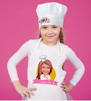 BK Gift Kişiye Özel Küçük Chef Karikatürlü Kız Çocuk Mutfak Önlüğü ve Aşçı Şapkası Seti-9 (Beyaz)