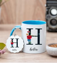 Baş Harfli Ve İsimli Mavi Kupa Bardak Ve Anahtarlık Set