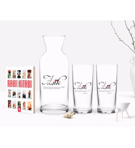BK Gift Kişiye Özel Renkli Baskılı Mânâ Aşık Tasarımlı İkili Rakı Bardağı Karaf ve Cep Kitabı Hediye Seti-1 (Model 1)