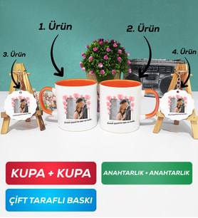 İkili Turuncu Sevgiliye Sevgililer Günü Hediyesi 12 Kupa Bardak Anahtarlık