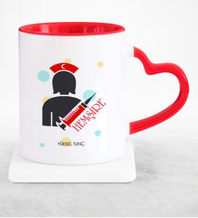 BK Gift Kişiye Özel Mesleki Hemşire Kırmızı Kalpli Kupa Bardak  3