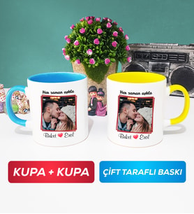 İkili Sevgiliye Sevgililer Günü Hediyesi 9 Kupa Bardak Mavi Sarı