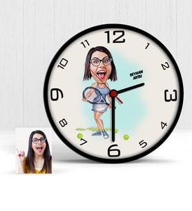 BK Gift Kişiye Özel Tenis Oyuncusu Karikatür Ahşap Duvar Saati  1