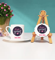 Love Yourself Tasarımlı Kişiye Özel Hediye Türk Kahvesi Fincanı ve Anahtarlık Seti