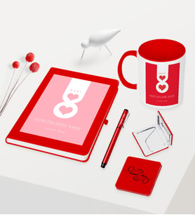 BK Gift Kişiye Özel Kadınlar Günü Temalı Kırmızı Defter Kalem Kupa Ayna Seti - 7