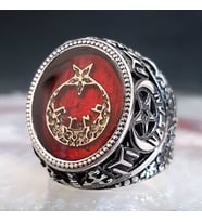 925 Ayar Gümüş Kırmızı Mineli  Ayyıldızlı Vatan Yazılı Yüzük