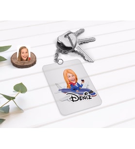 BK Gift Kişiye Özel Hostes Karikatürlü Şeffaf Pleksi Anahtarlık-1 (Beyaz)