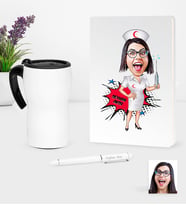 BK Gift Kişiye Özel Hemşire Karikatürlü Beyaz Defter Kalem ve Termos Mug Seti - 1 (Model 1)