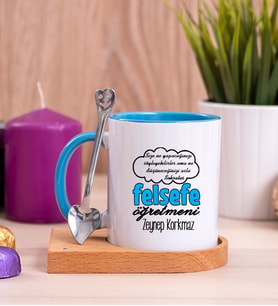 Felsefe Öğretmeni Ahşap Altlıklı Mavi Kupa Bardak
