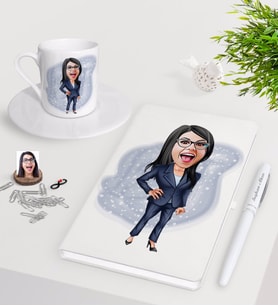 BK Gift Kişiye Özel Bayan Patron Karikatürlü Beyaz Defter Kalem Türk Kahvesi Fincanı Seti-4 (Model 1)