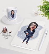 BK Gift Kişiye Özel Bayan Patron Karikatürlü Beyaz Defter Kalem Türk Kahvesi Fincanı Seti-4 (Model 1)
