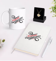 BK Gift Kişiye Özel Canım Öğretmenim Beyaz Kupa Defter Kalem ve İsimli Papatya Kolye Hediye Seti-2 (Model 1)