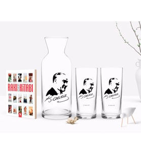 BK Gift Kişiye Özel Renkli Baskılı Atatürk Temalı İkili Rakı Bardağı Karaf ve Cep Kitabı Hediye Seti-26 (Model 1)