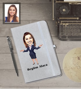 Kişiye Özel Öğretmen Karikatürlü Gri Defter Kalem Hediye Seti  Bayan-4