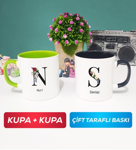 İkili Kişiye Özel Baş Harf ve İsim Yazılı Kupa Bardak Yeşil Siyah
