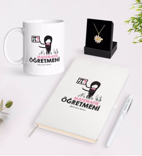 BK Gift Kişiye Özel Matematik Öğretmeni Beyaz Kupa Defter Kalem ve İsimli Papatya Kolye Hediye Seti-1 (Model 1)