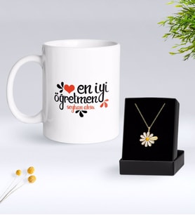 BK Gift Kişiye Özel En İyi Öğretmen Kupa Ve Papatya Kolye Hediye Seti-6 (Model 1)