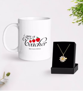 BK Gift Kişiye Özel Sınıf Öğretmeni Beyaz Kupa ve Papatya Kolye Hediye Seti-6 (Model 1)