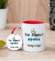 Fen Bilimleri Öğretmeni Kırmızı Kupa Bardak Ve Anahtarlık Set