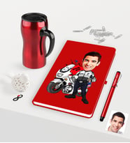 BK Gift Kişiye Özel Bay Yunus Polis Karikatürlü Kırmızı Defter Kalem Termos Mug Seti (Model 1)