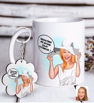 BK Gift Kişiye Özel Bayan Kolay Yetişmiyor Karikatürlü Beyaz Kupa ve Anahtarlık Hediye Seti-6 (Model 1)