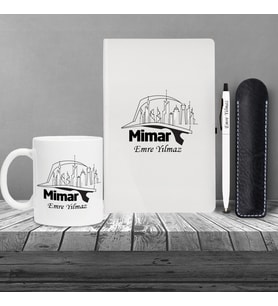 Kişiye Özel Mimar Seti Beyaz Defter Metal & Beyaz Tükenmez Kalem ve Kupa