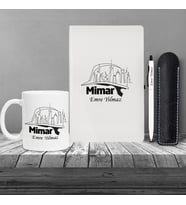 Kişiye Özel Mimar Seti Beyaz Defter Metal & Beyaz Tükenmez Kalem ve Kupa