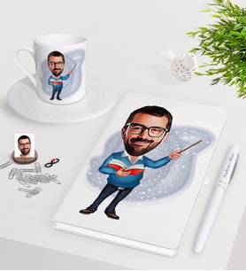 BK Gift Kişiye Özel Erkek Öğretmen Karikatürlü Beyaz Defter Kalem Türk Kahvesi Fincanı Seti-4 (Model 1)