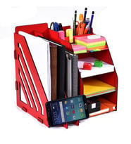 Ahşap Evrak Rafı Masa Üstü Ofis Organizer (Kırmızı)