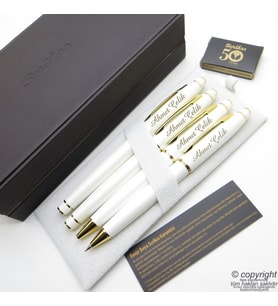 Scrikss 35 4'lü Set Beyaz Altın Ahşap Deri Kutulu  Dolma Kalem + Roller Kalem + Tükenmez Kalem +Versatil Kalem Seti  Scrikss Noble  İsme Özel Kalem  Hediyelik Kalem