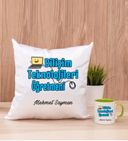 Bilişim Teknolojileri Öğretmeni Kare Yastık ve Yeşil Kupa Bardak