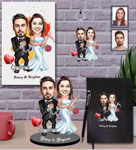 Kişiye Özel Gelin Damat Karikatürlü 5 li Hediye Seti  Mod-7