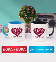 İkili Love Tasarımlı Sevgililer Günü Hediyesi Kupa Bardak Mavi Siyah