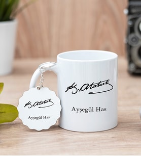 Atatürk İmzalı Beyaz Kupa Bardak Ve Anahtarlık Set