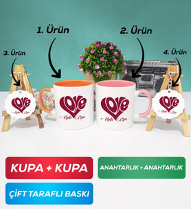 İkili Turuncu Pembe Love Tasarımlı Sevgililer Günü Hediyesi Kupa Bardak Anahtarlık