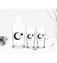 BK Gift Kişiye Özel Renkli Baskılı Ayyıldız Tasarımlı İkili Rakı Bardağı ve Karaf Hediye Seti-1 (Beyaz)