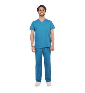 Doktor Erkek Koyu Mavi Forma Cerrahi Yaka Takım Uniforma (Beyaz)