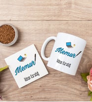 Memur Beyaz Kupa Bardak Ve Bardak Altlığı Seti