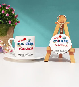 Mesajlı Sosyal Bilgiler Öğretmeni Türk Kahvesi Fincanı ve Anahtarlık Hediye Seti