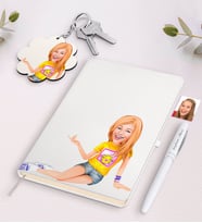 BK Gift Kişiye Özel Bayan Karikatürlü Beyaz Defter Kalem Ve Anahtarlık Hediye Seti-42 (Model 1)